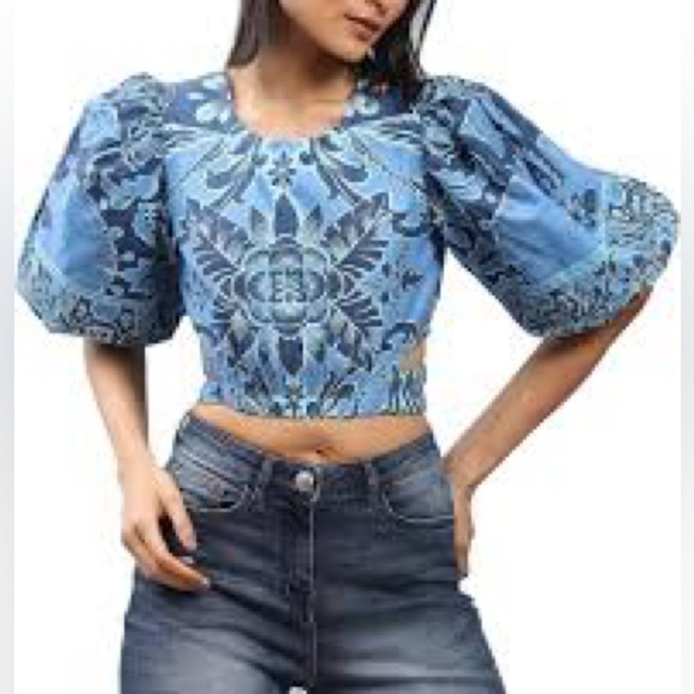 Label Ritu Kumar Dolores Cotton Cropped Blouse in Blue - NEW - Size Large
